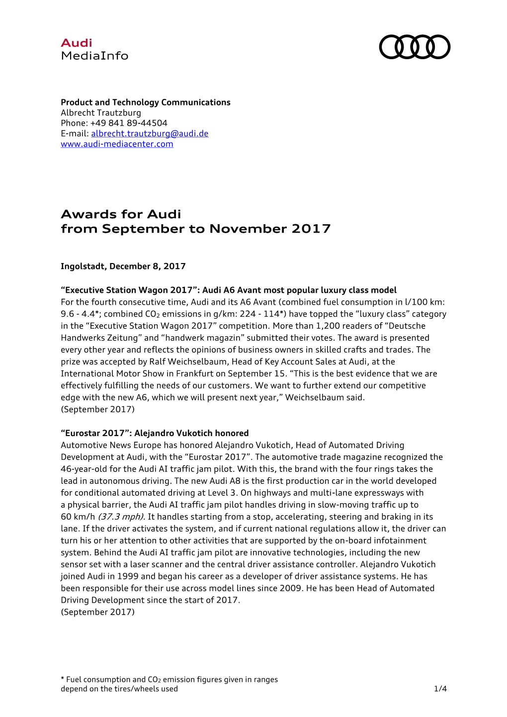 Awards for Audi from September to November 2017