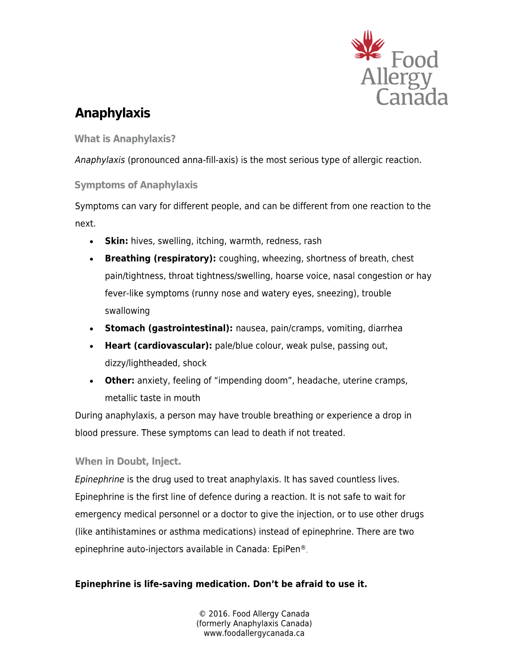 Food Allergy Canada: Anaphylaxis