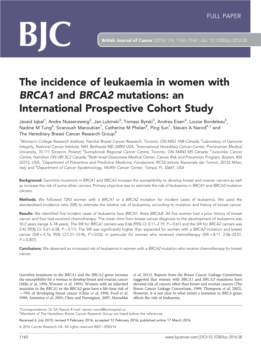 The Incidence of Leukaemia in Women with BRCA1 and BRCA2 Mutations: an International Prospective Cohort Study