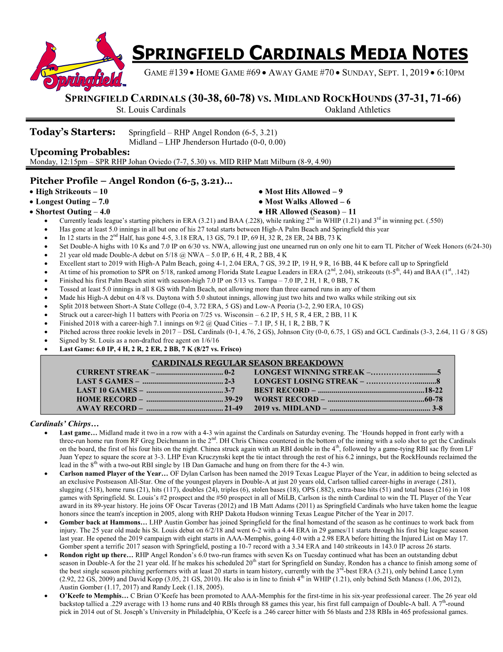 Springfield Cardinals Media Notes Game #139  Home Game #69  Away Game #70  Sunday, Sept