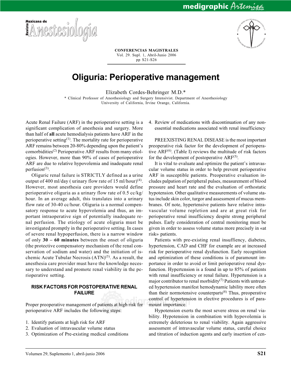 Oliguria: Perioperative Management