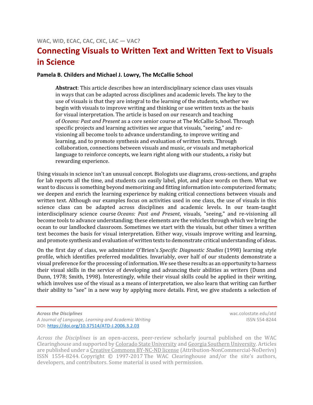 Connecting Visuals to Written Text and Written Text to Visuals in Science Pamela B