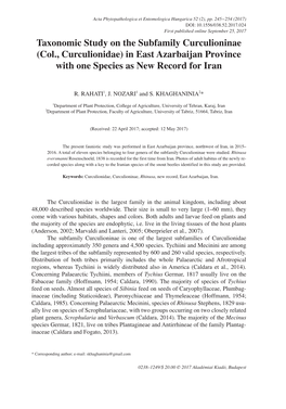 Taxonomic Study on the Subfamily Curculioninae (Col., Curculionidae) in East Azarbaijan Province with One Species As New Record for Iran