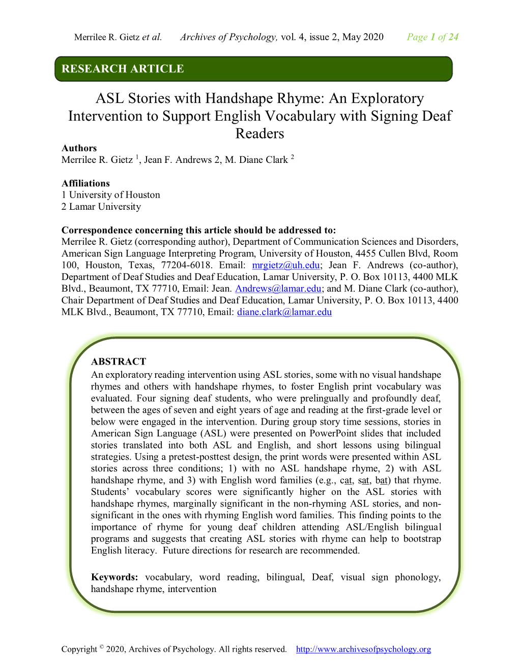 ASL Stories with Handshape Rhyme: an Exploratory Intervention to Support English Vocabulary with Signing Deaf Readers Authors Merrilee R