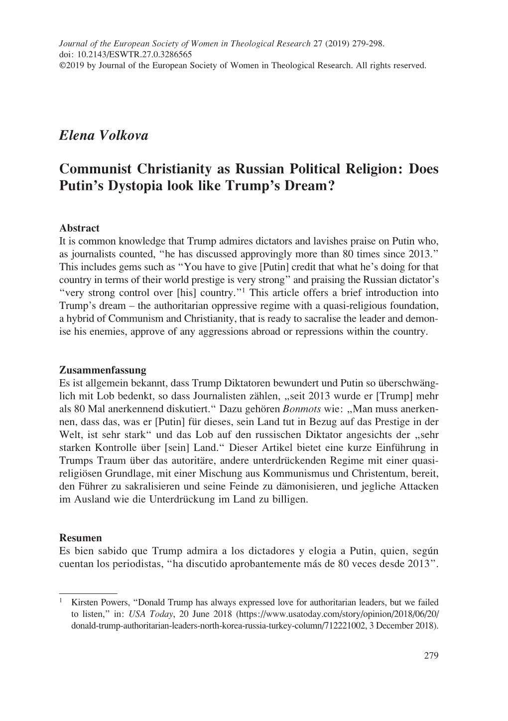 Elena Volkova Communist Christianity As Russian Political Religion: Does Putin's Dystopia Look Like Trump's Dream?