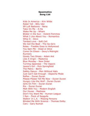 Spazmatics Song List Kids in America