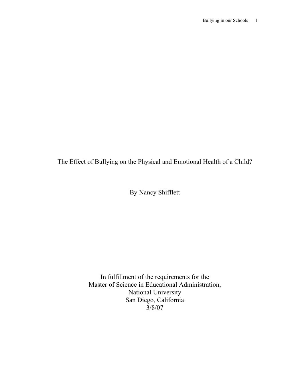 The Effect of Bullying on the Physical and Emotional Health of a Child?