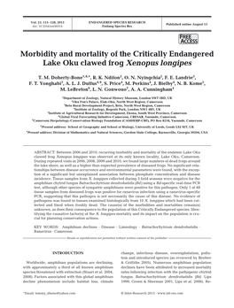 Morbidity and Mortality of the Critically Endangered Lake Oku Clawed Frog Xenopus Longipes