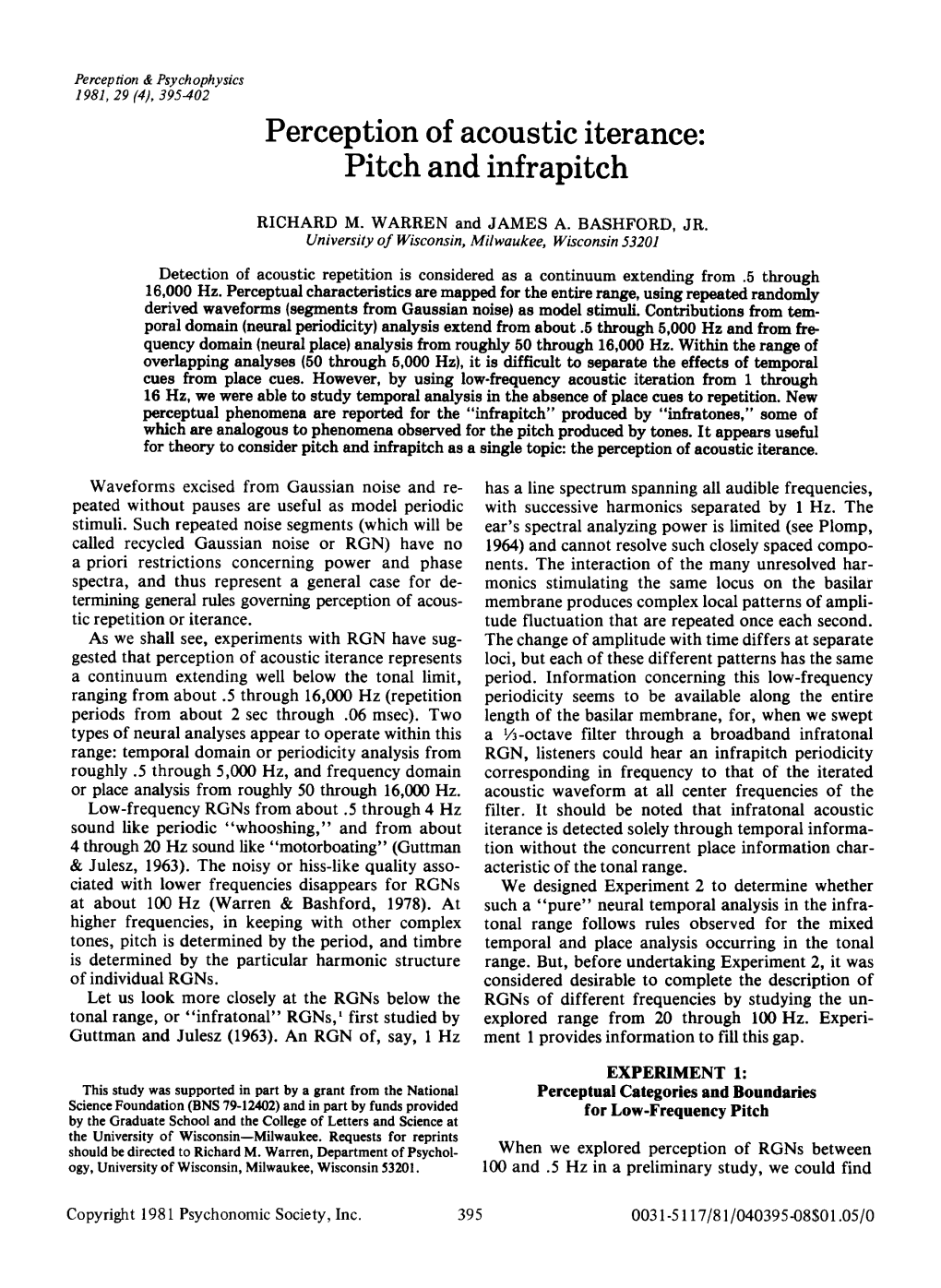 Perception of Acoustic Iterance: Pitch and Infrapitch