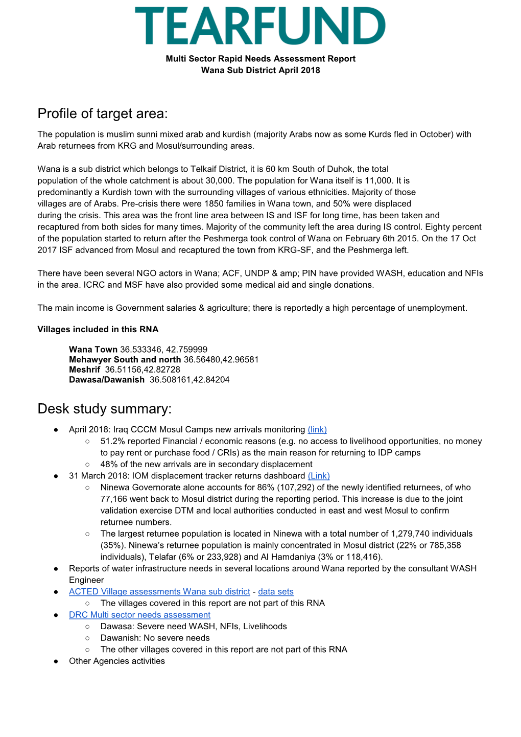 Profile of Target Area: Desk Study Summary