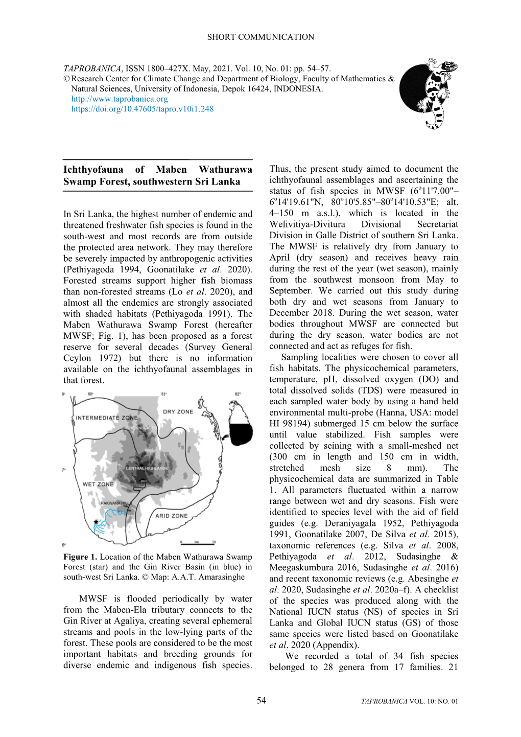 6. Ichthyofauna of Maben Wathurawa Swamp Forest, Southwestern Sri Lanka Deepananda Et Al., Pp. 54–57