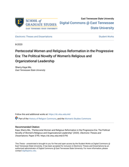 Pentecostal Women and Religious Reformation in the Progressive Era: the Political Novelty of Women’S Religious and Organizational Leadership