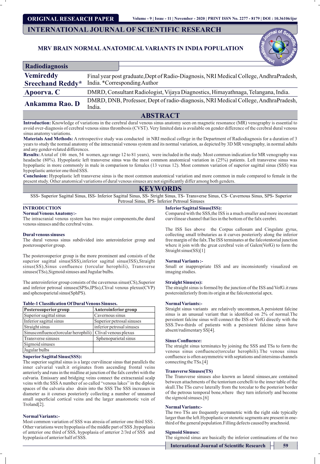 Vemireddy Sreechand Reddy* Apoorva. C Ankamma Rao. D INTERNATIONAL JOURNAL of SCIENTIFIC RESEARCH ABSTRACT KEYWORDS