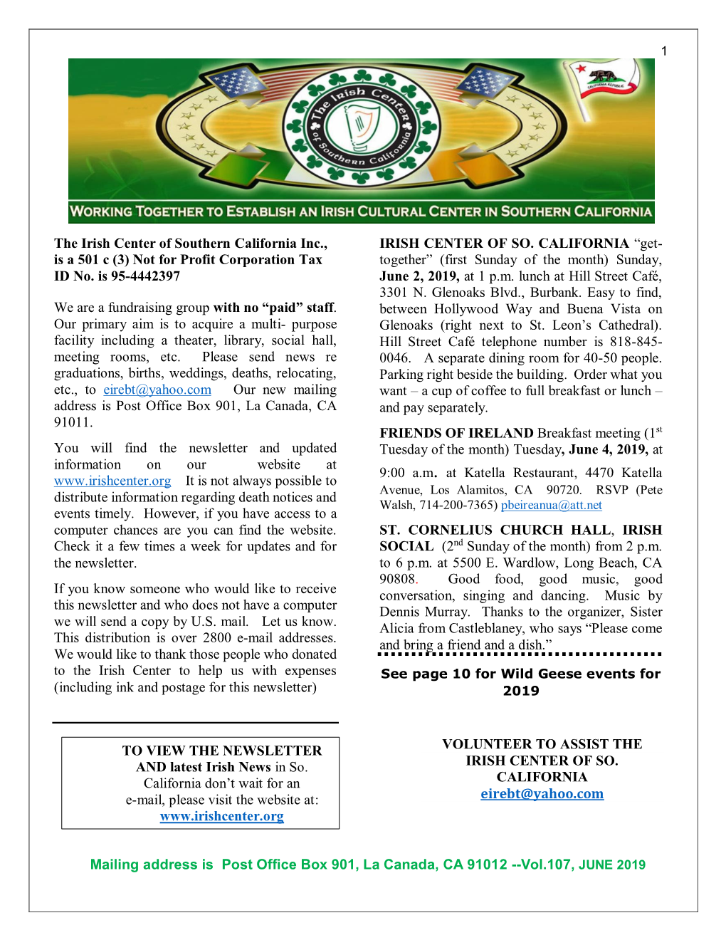 Mailing Address Is Post Office Box 901, La Canada, CA 91012 --Vol.107, JUNE 2019 the Irish Center of Southern California Inc