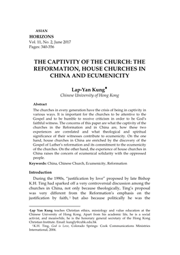 The Captivity of the Church: the Reformation, House Churches in China and Ecumenicity