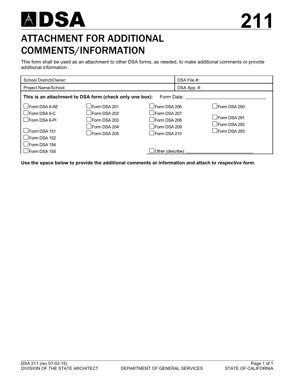 Form DSA 211: Attachment for Additional Comments/Information