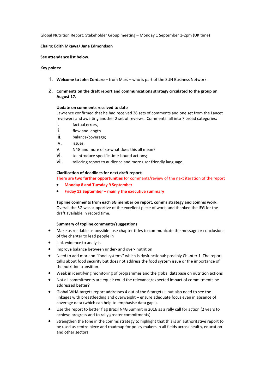 Global Nutrition Report: Stakeholder Group Meeting Monday 1 September 1-2Pm (UK Time)