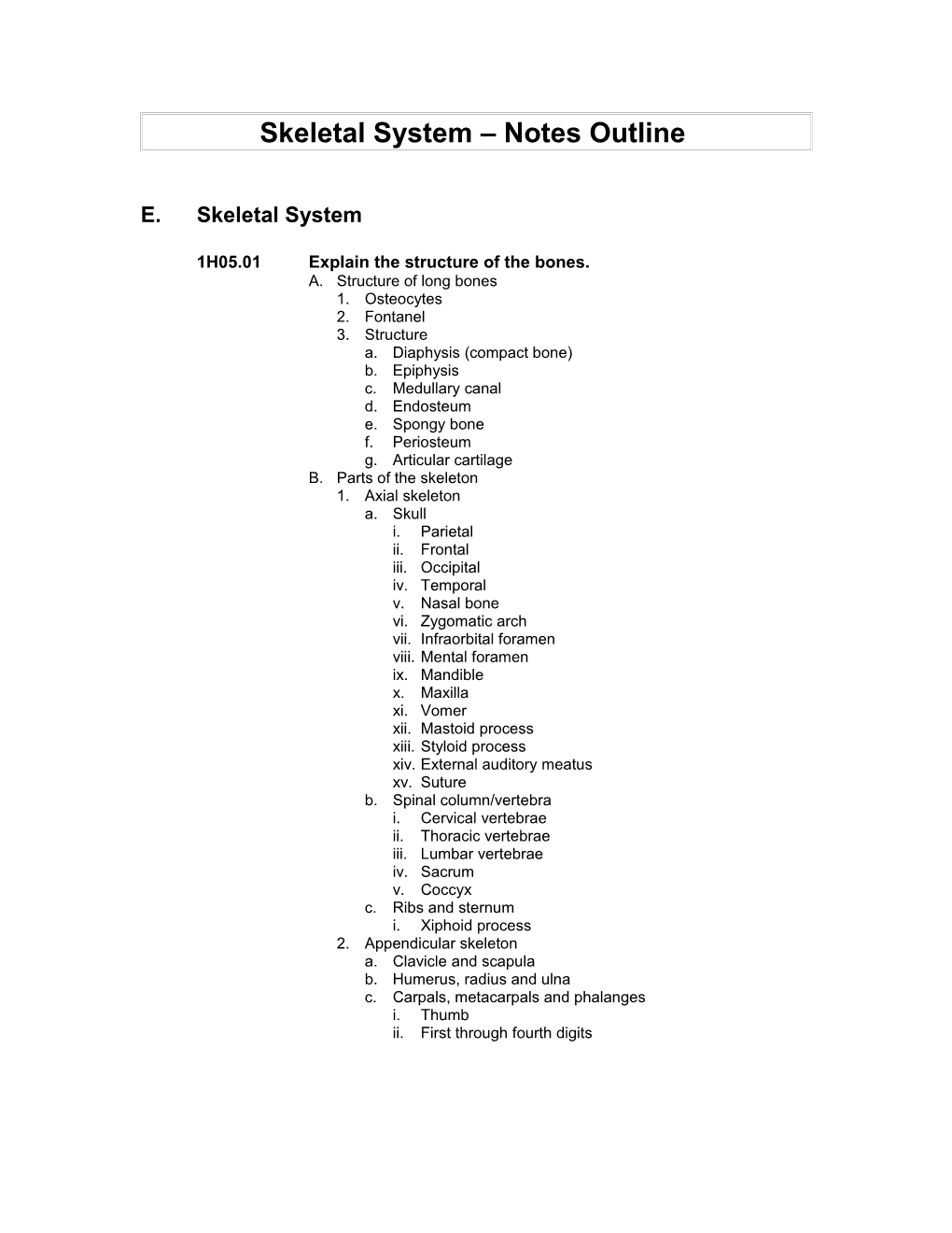 Skeletal System Notes Outline