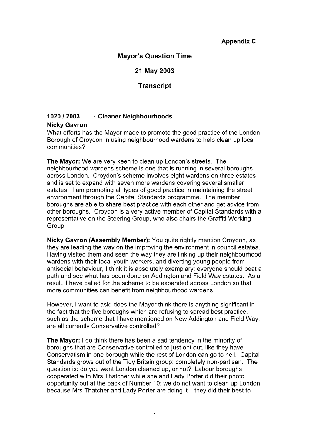 Mayor's Question Time 21 May 2003 Transcript