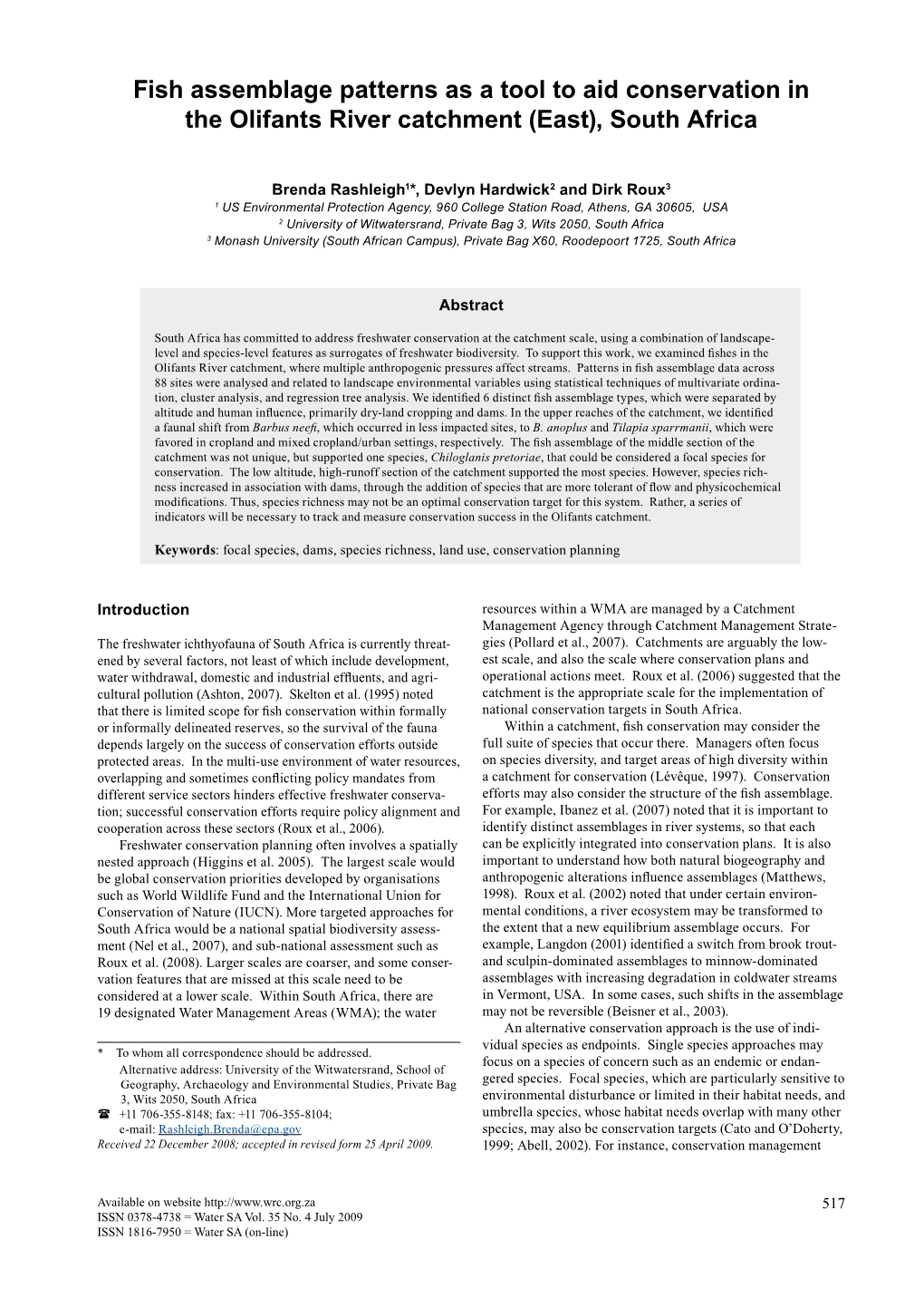 Fish Assemblage Patterns As a Tool to Aid Conservation in the Olifants River Catchment (East), South Africa