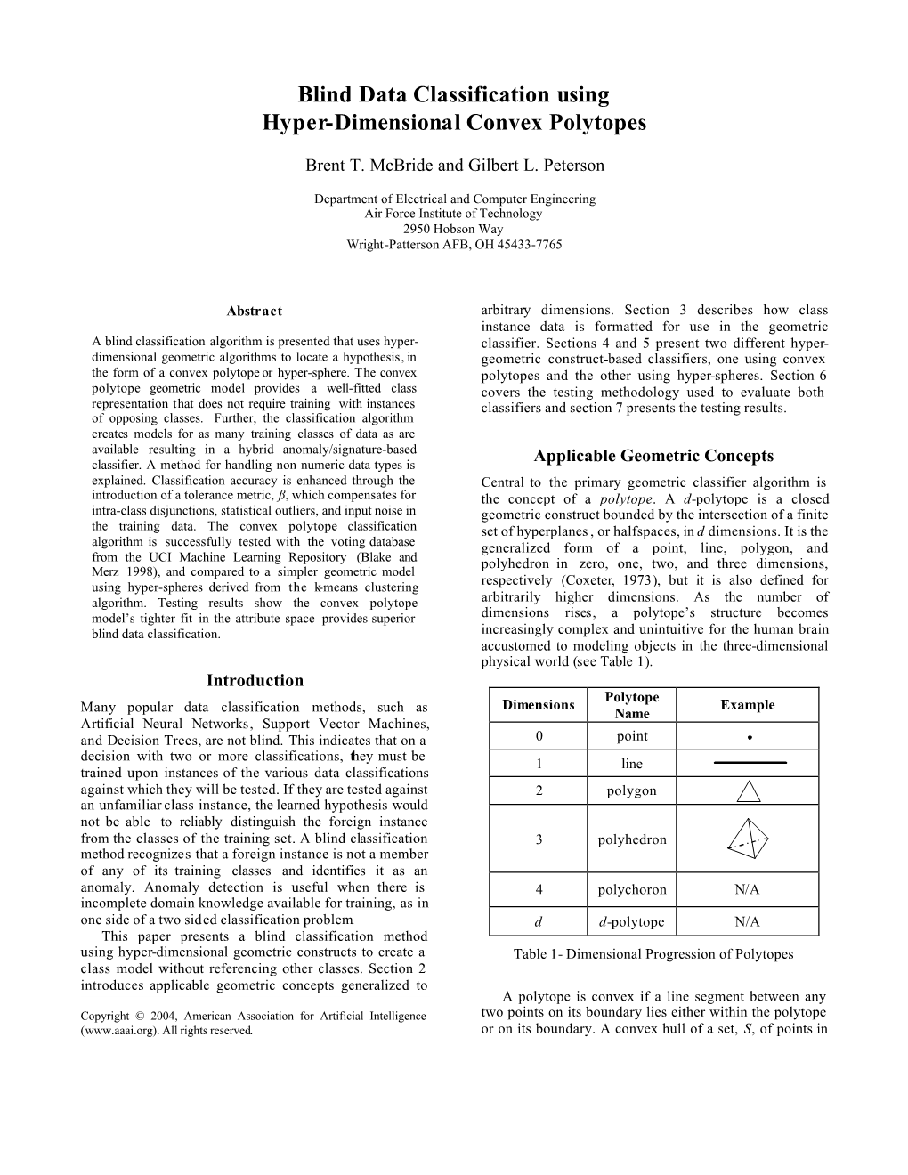 Blind Data Classification Using Hyper-Dimensional Convex Polytopes