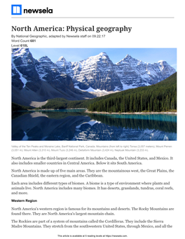 North America: Physical Geography by National Geographic, Adapted by Newsela Staff on 09.22.17 Word Count 681 Level 610L