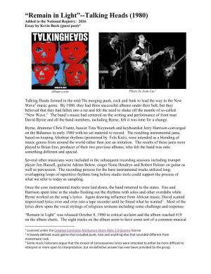 Remain in Light”--Talking Heads (1980) Added to the National Registry: 2016 Essay by Kevin Buck (Guest Post)*