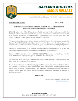 07-16-2018 Oakland A's to Open Mount Davis for Saturday, July 21