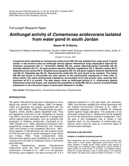 Antifungal Activity of Comamonas Acidovorans Isolated from Water Pond in South Jordan