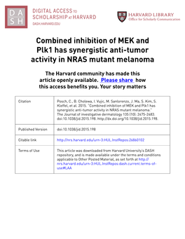 Combined Inhibition of MEK and Plk1 Has Synergistic Anti-Tumor Activity in NRAS Mutant Melanoma