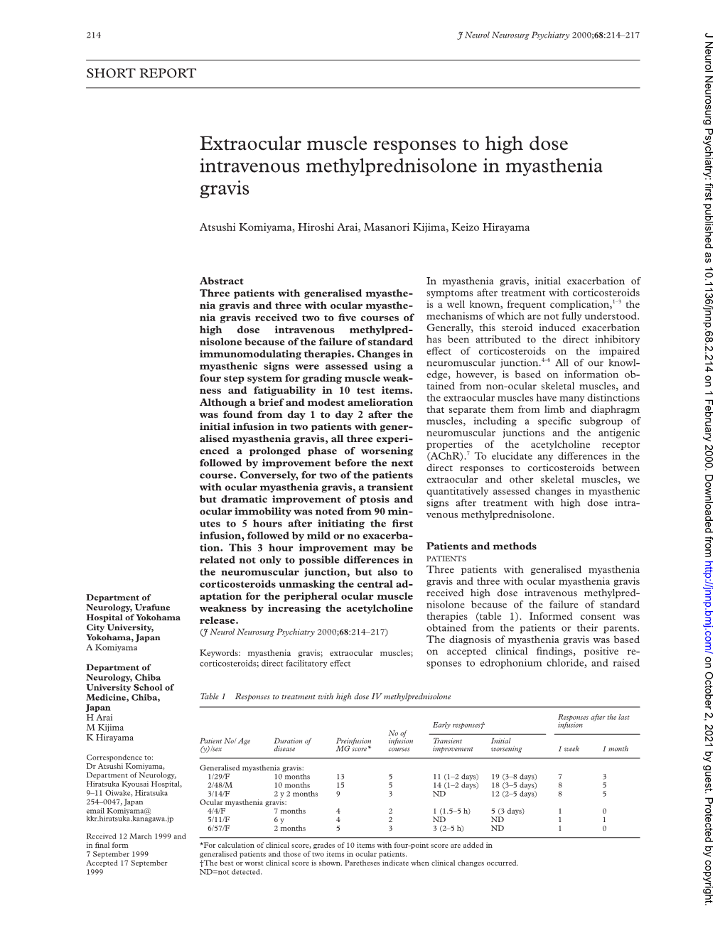 Extraocular Muscle Responses to High Dose Intravenous Methylprednisolone in Myasthenia Gravis