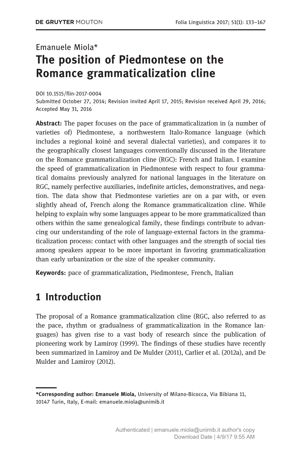 The Position of Piedmontese on the Romance Grammaticalization Cline