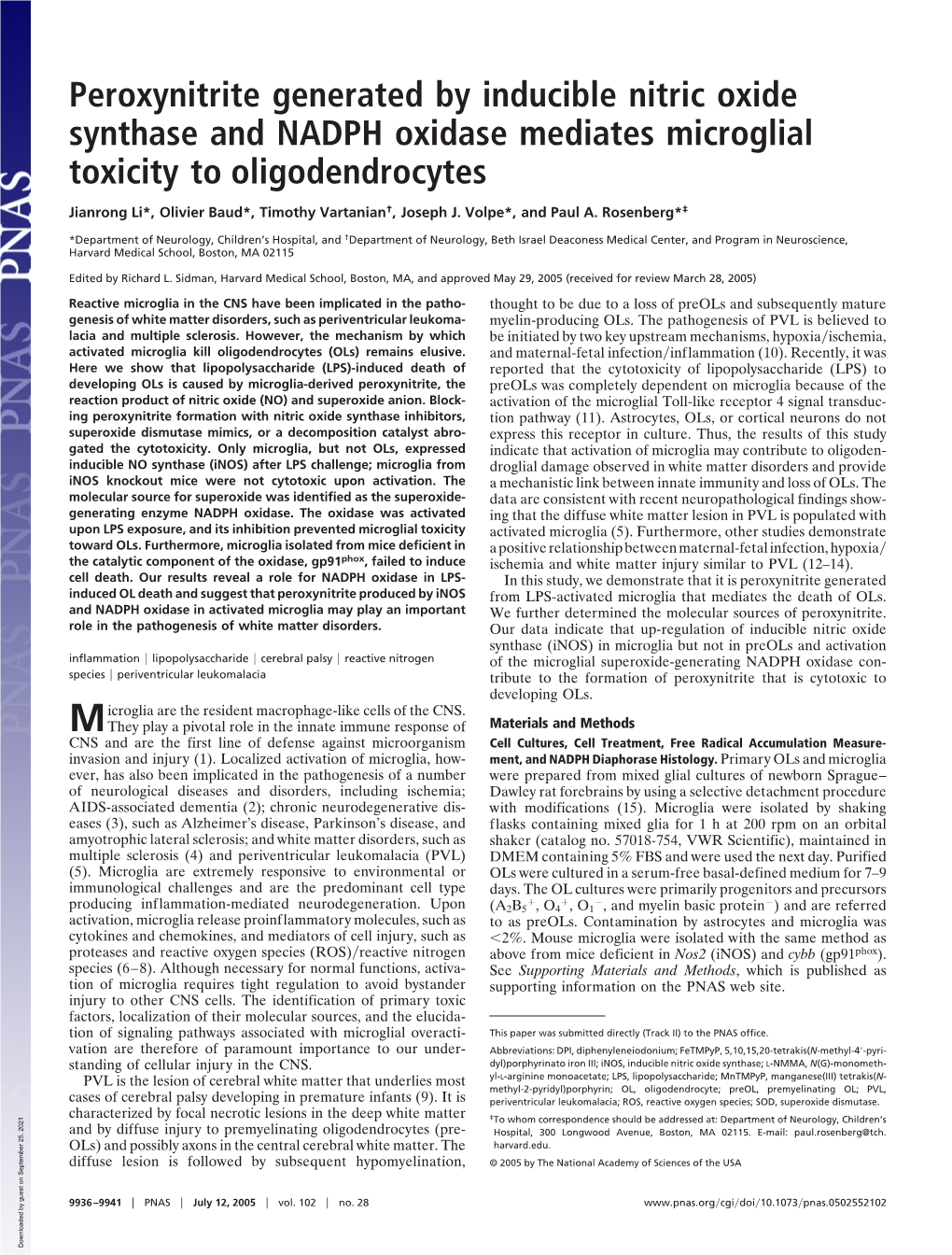 Peroxynitrite Generated by Inducible Nitric Oxide Synthase and NADPH Oxidase Mediates Microglial Toxicity to Oligodendrocytes