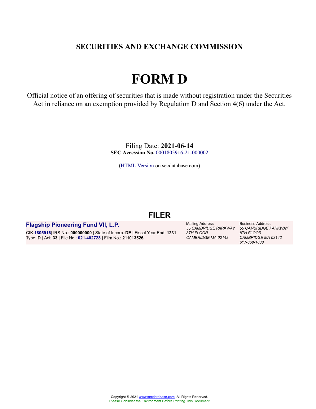 Flagship Pioneering Fund VII, L.P. Form D Filed 2021-06-14