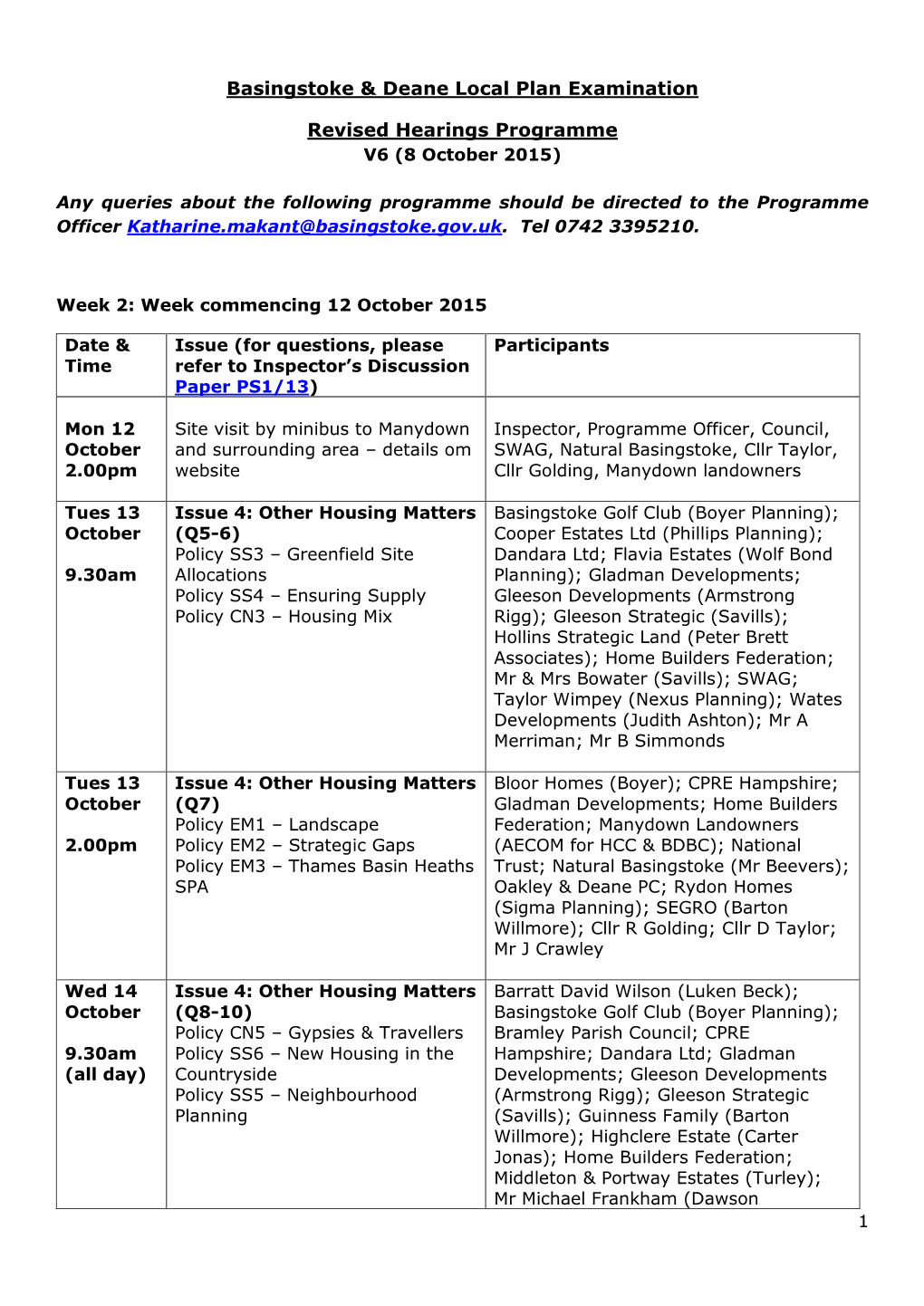 Basingstoke & Deane Local Plan Examination Revised Hearings