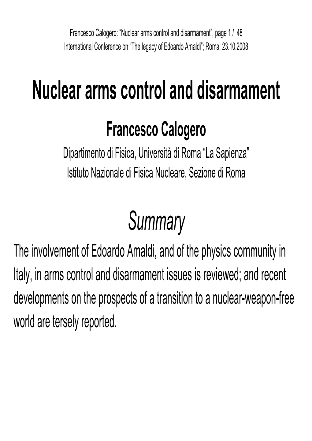 Nuclear Arms Control and Disarmament Summary
