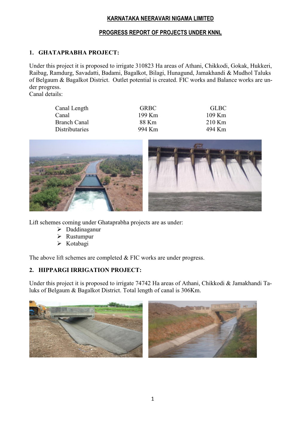 Karnataka Neeravari Nigama Limited Progress Report of Projects Under Knnl