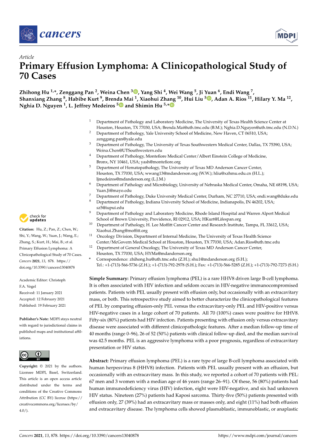 Primary Effusion Lymphoma: a Clinicopathological Study of 70 Cases