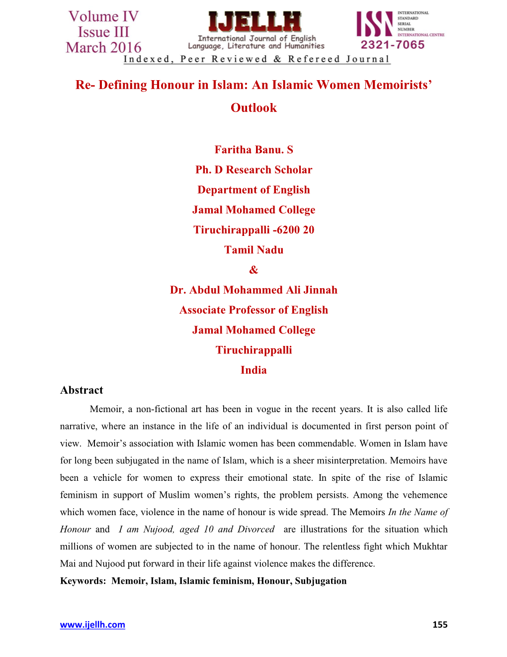 Re- Defining Honour in Islam: an Islamic Women Memoirists' Outlook