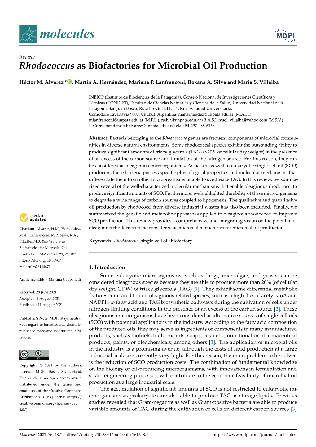 Rhodococcus As Biofactories for Microbial Oil Production