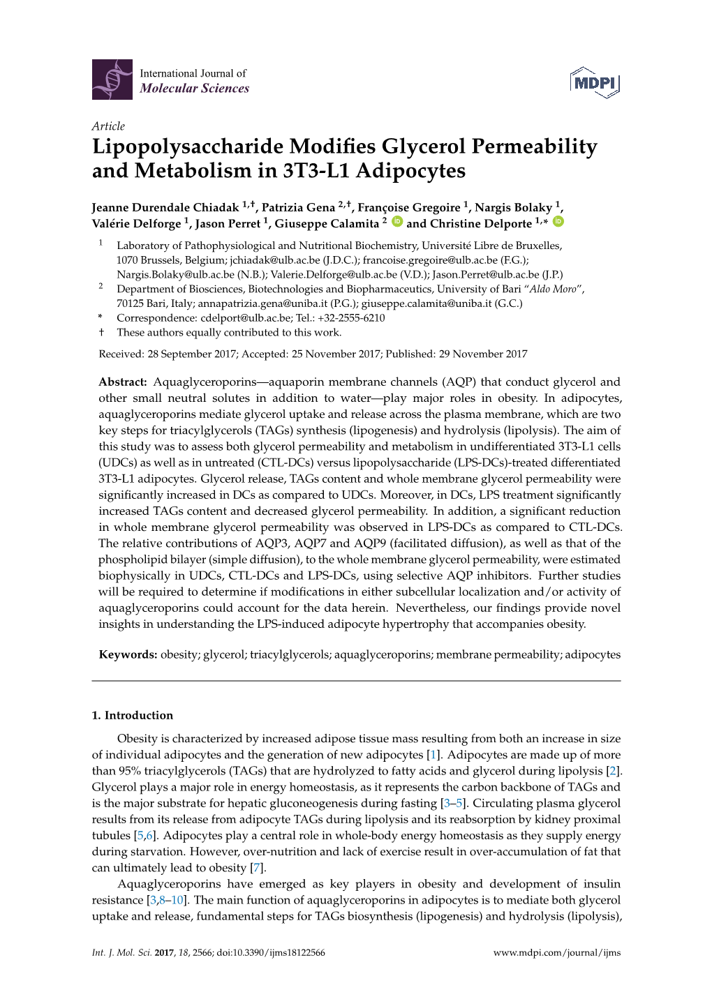 Lipopolysaccharide Modifies Glycerol Permeability and Metabolism in 3T3