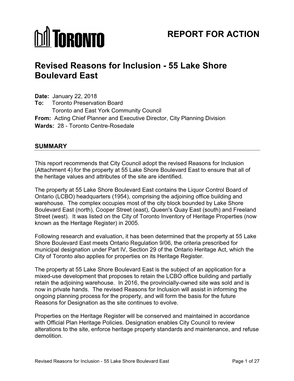 Revised Reasons for Inclusion - 55 Lake Shore Boulevard East