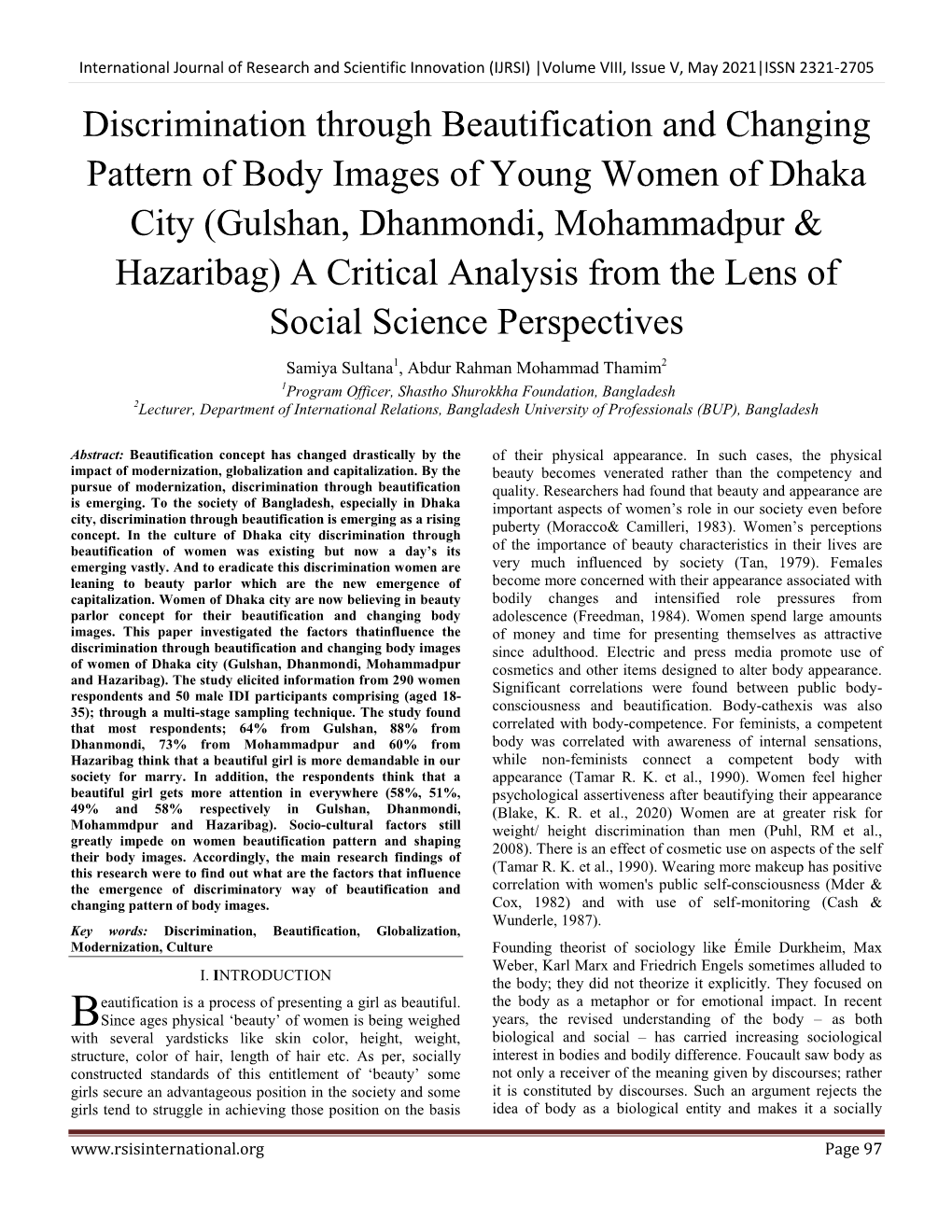 Discrimination Through Beautification and Changing Pattern of Body Images of Young Women of Dhaka City