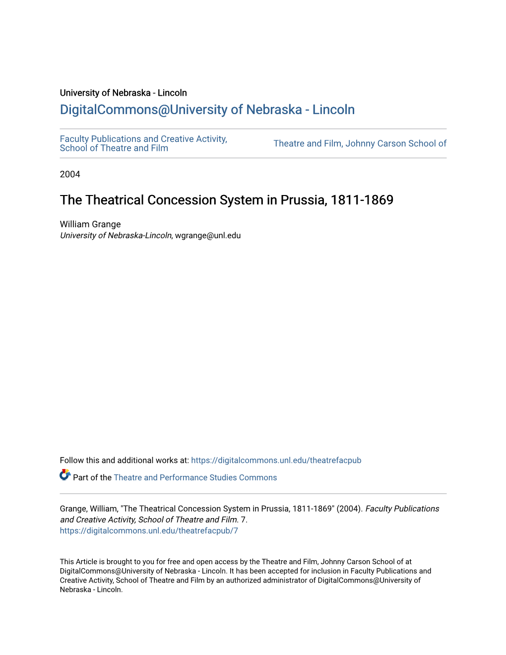 The Theatrical Concession System in Prussia, 1811-1869