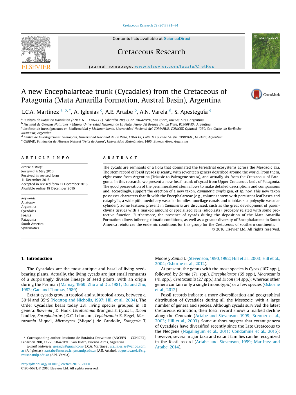 (Cycadales) from the Cretaceous of Patagonia (Mata Amarilla Formation, Austral Basin), Argentina