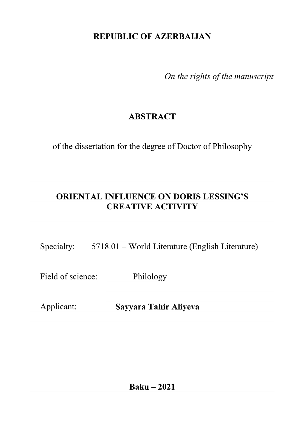 REPUBLIC of AZERBAIJAN on the Rights of the Manuscript ABSTRACT