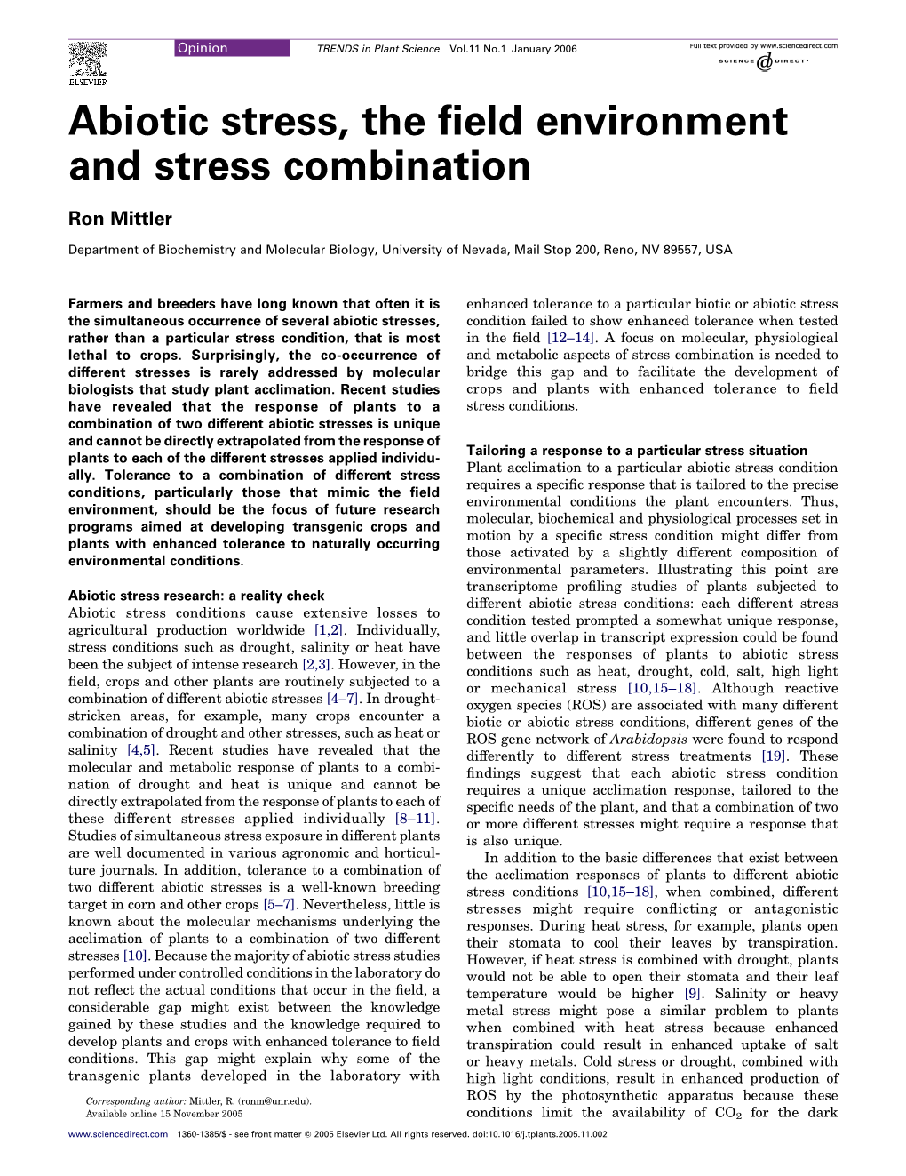Abiotic Stress, the Field Environment and Stress Combination