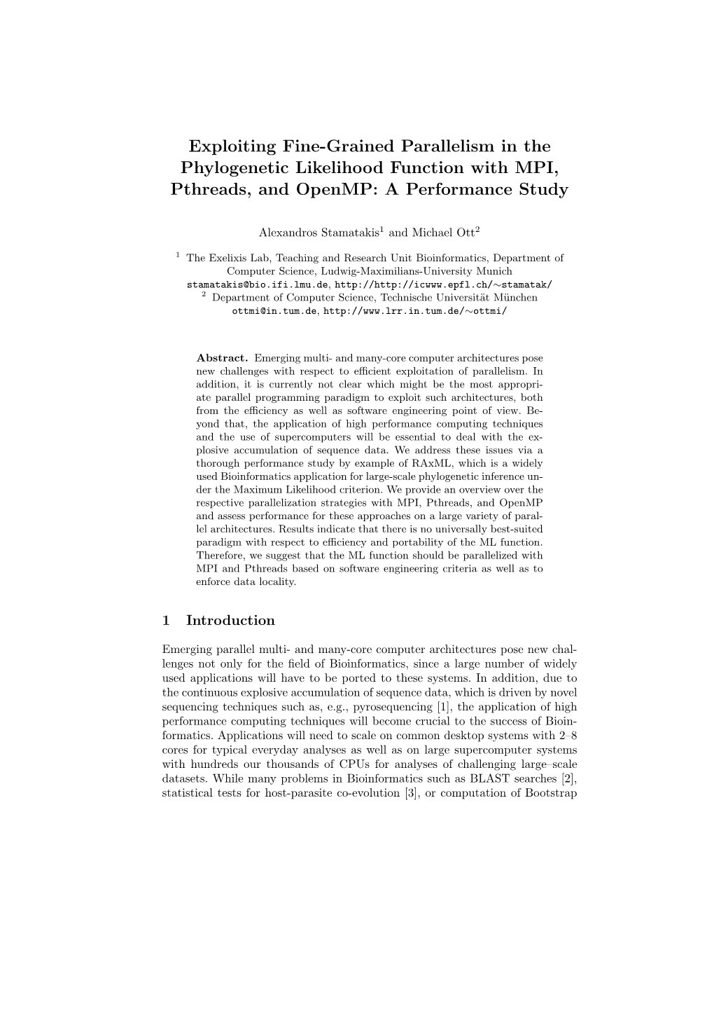 Exploiting Fine-Grained Parallelism in the Phylogenetic Likelihood Function with MPI, Pthreads, and Openmp: a Performance Study