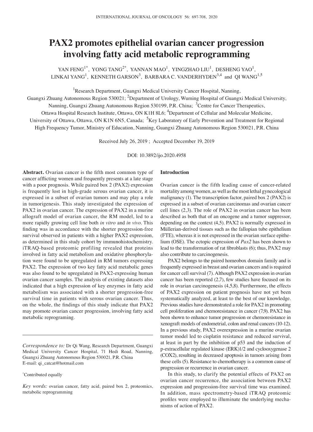 PAX2 Promotes Epithelial Ovarian Cancer Progression Involving Fatty Acid Metabolic Reprogramming