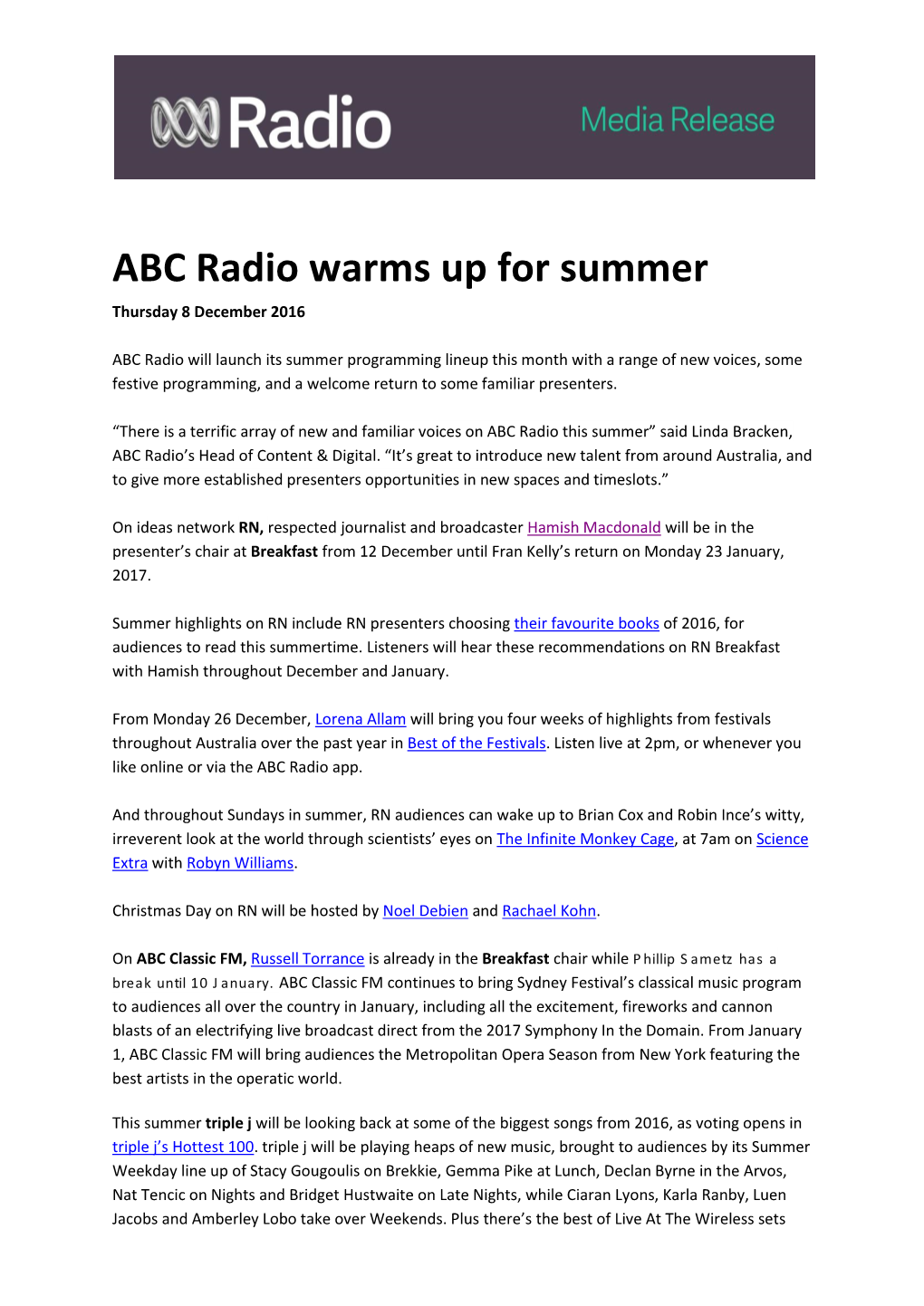 ABC Radio Warms up for Summer Thursday 8 December 2016